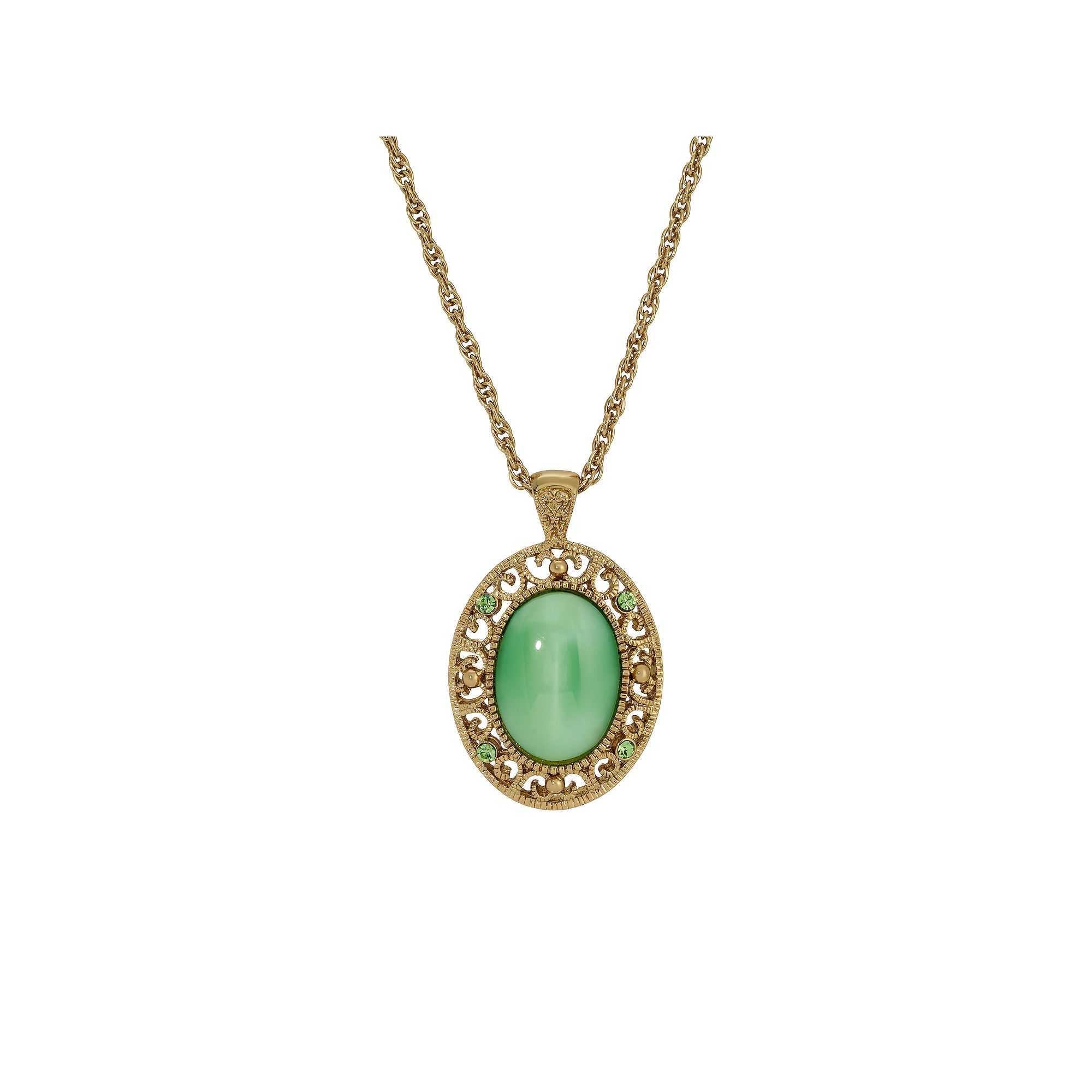 1928 Gold Tone Green Crystal Oval Pendant Necklace, Womens