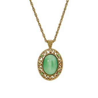 1928 Gold Tone Green Crystal Oval Pendant Necklace