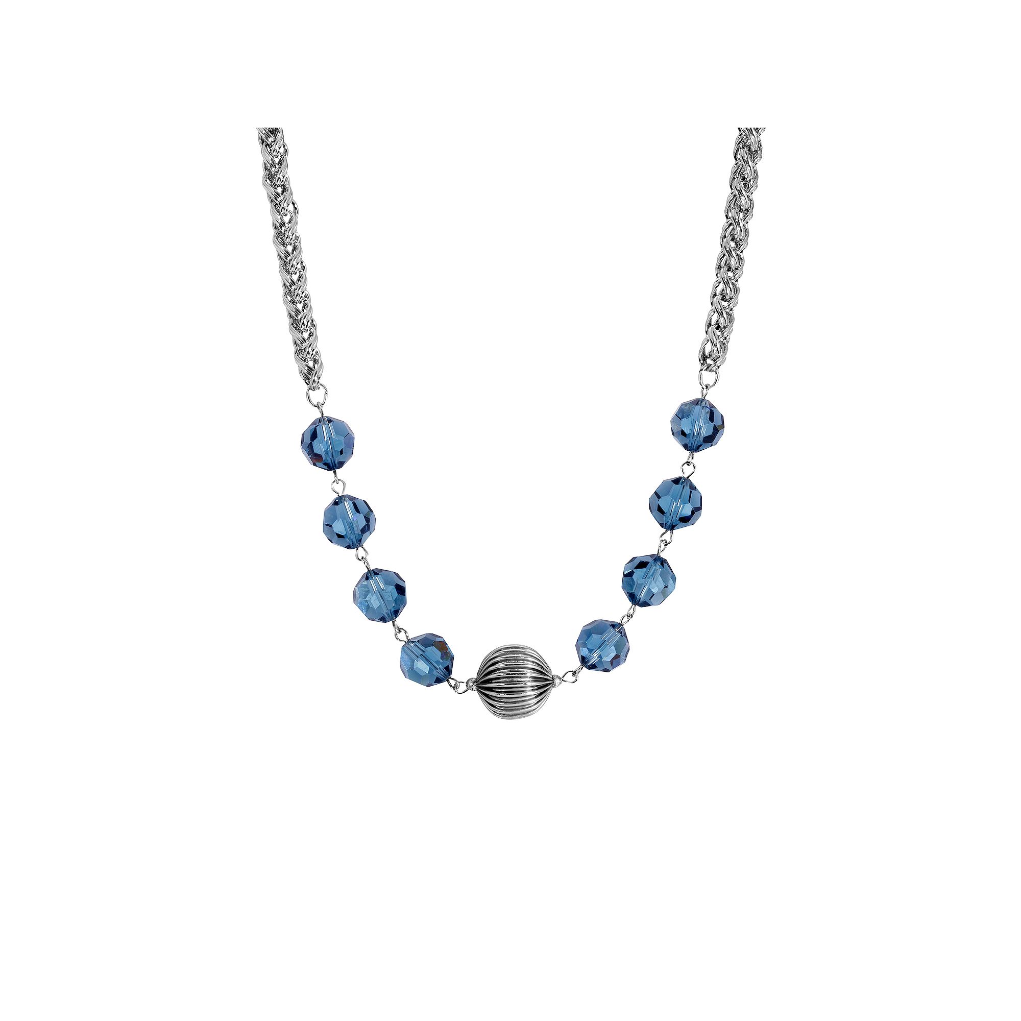 1928 Silver Tone Blue Glass Bead Necklace, Womens
