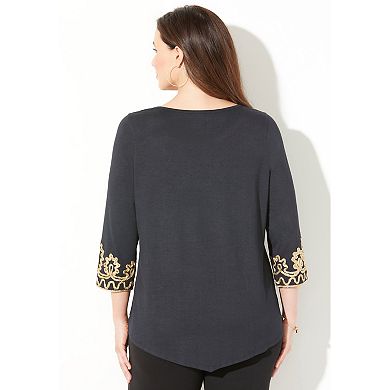 Catherines Women's Plus Size Pointed Hem Embroidered Top