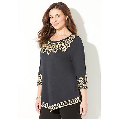 Catherines Women's Plus Size Pointed Hem Embroidered Top