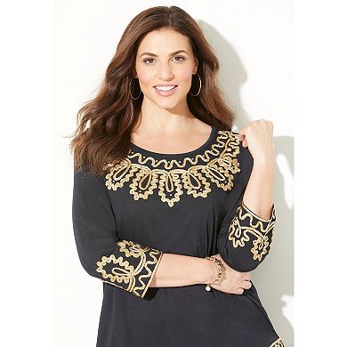Catherines Women's Plus Size Pointed Hem Embroidered Top