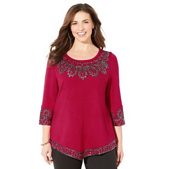 Catherines Women's Plus Size Pointed Hem Embroidered Top
