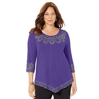 Catherines Women's Plus Size Pointed Hem Embroidered Top