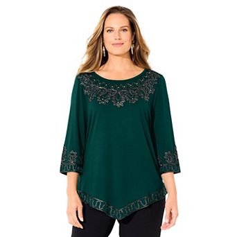 Catherines Women's Plus Size Pointed Hem Embroidered Top