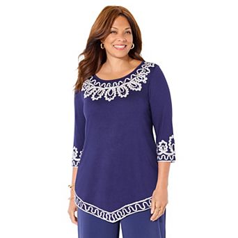 Catherines Women's Plus Size Pointed Hem Embroidered Top