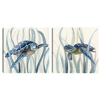 Turtle In Seagrass I / II Canvas Wall Art 2 pc Set