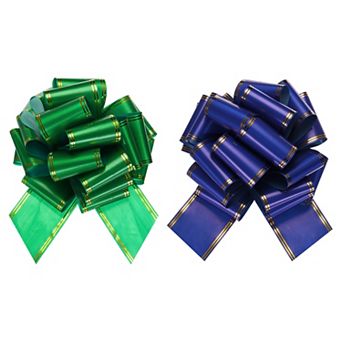 12 Inch Giant Large Pull Bow Big Metallic Car Bows Ribbon with Gold Edge for Wedding, Green Blue