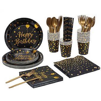 201 pc Black Gold Birthday Party Supplies Set for 25 Guests with Plates, Cups & Utensils