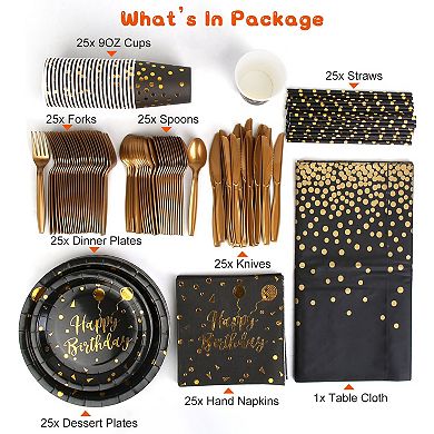 201Pcs Black Gold Birthday Party Supplies Set for 25 Guests with Plates, Cups & Utensils