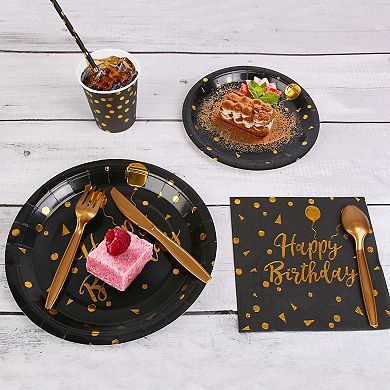 201Pcs Black Gold Birthday Party Supplies Set for 25 Guests with Plates, Cups & Utensils