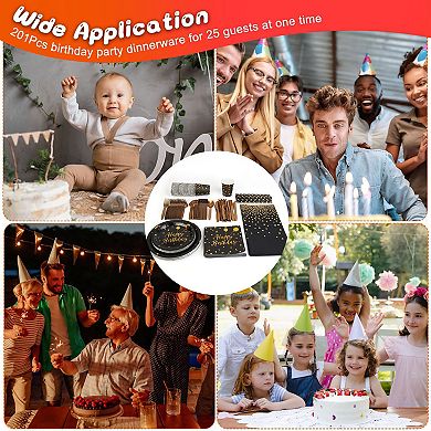 201Pcs Black Gold Birthday Party Supplies Set for 25 Guests with Plates, Cups & Utensils