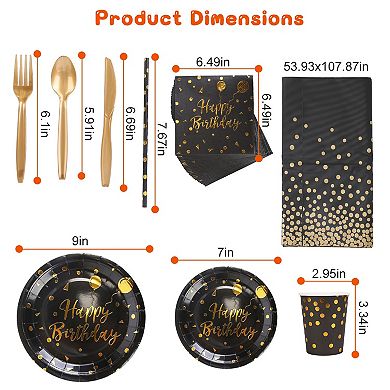 201Pcs Black Gold Birthday Party Supplies Set for 25 Guests with Plates, Cups & Utensils