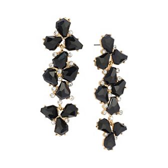 1928 Gold Tone Black Stone Crystal Linear Earrings