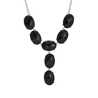 1928 Silver Tone Black Stone Oval Faceted Y-Necklace