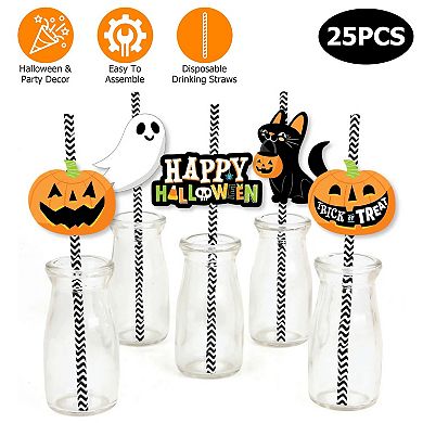 25Pcs Halloween Paper Straws Party Decorations with Ghost, Lantern & Black Cat Designs