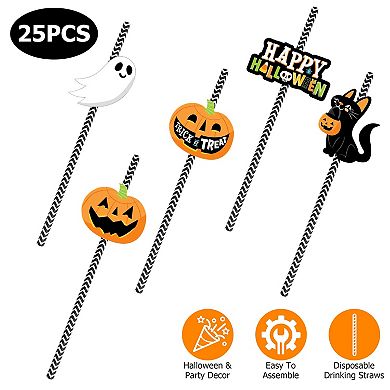 25Pcs Halloween Paper Straws Party Decorations with Ghost, Lantern & Black Cat Designs
