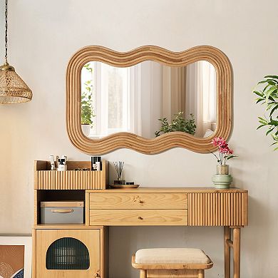 LuxenHome 39-Inch Tall Rectangular Natural Cork Wood Wavy Frame Accent Wall Mirror