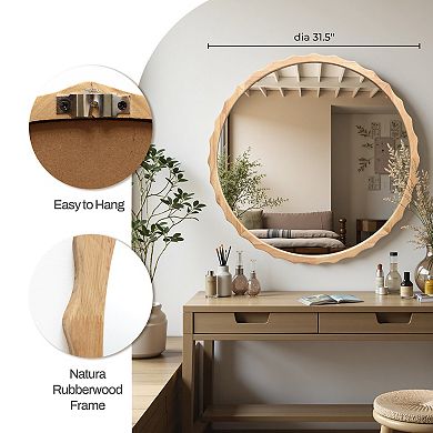 LuxenHome 31.5-Inch Round Natural Rubberwood Scalloped Frame Wall Mirror