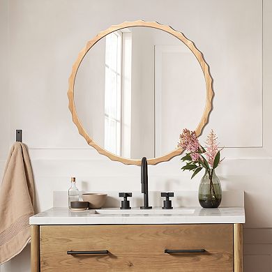 LuxenHome 31.5-Inch Round Natural Rubberwood Scalloped Frame Wall Mirror