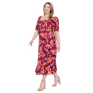 Plus Size London Times Floral Square Neck Puff Sleeve Empire Waist Midi Dress