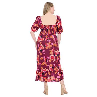 Plus Size London Times Floral Square Neck Puff Sleeve Empire Waist Midi Dress