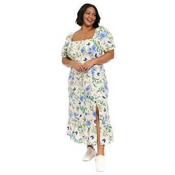 Plus Size London Times Floral Square Neck Puff Sleeve Empire Waist Midi Dress