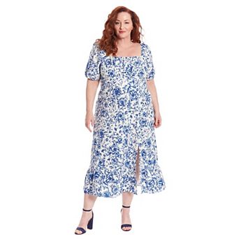 Plus Size London Times Floral Square Neck Puff Sleeve Empire Waist Midi Dress