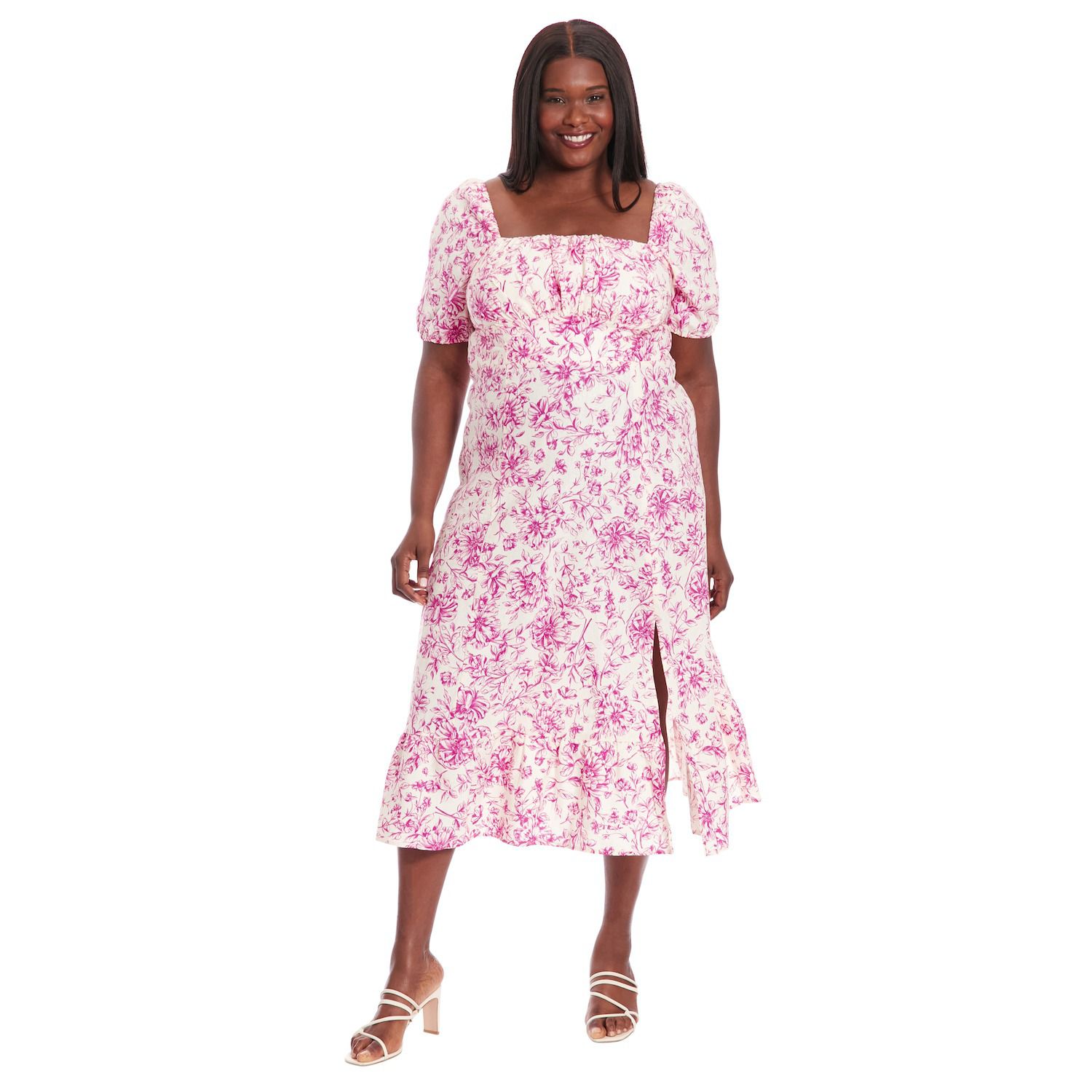 Женские платья London Times Plus Size London Times Floral Square Neck Puff Sleeve Empire Waist Midi Dress