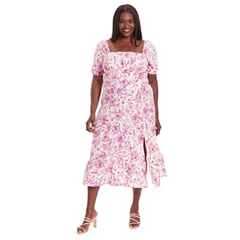 Plus Size London Times Floral Square Neck Puff Sleeve Empire Waist Midi Dress