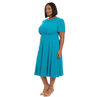Plus Size London Times Short Sleeve Eyelet Inset Waist Midi