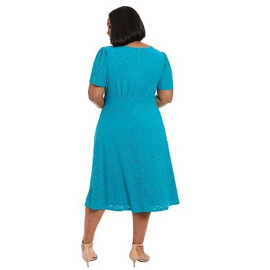 Plus Size London Times Short Sleeve Eyelet Inset Waist Midi