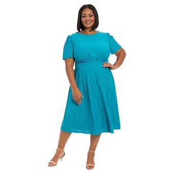 Plus Size London Times Short Sleeve Eyelet Inset Waist Midi