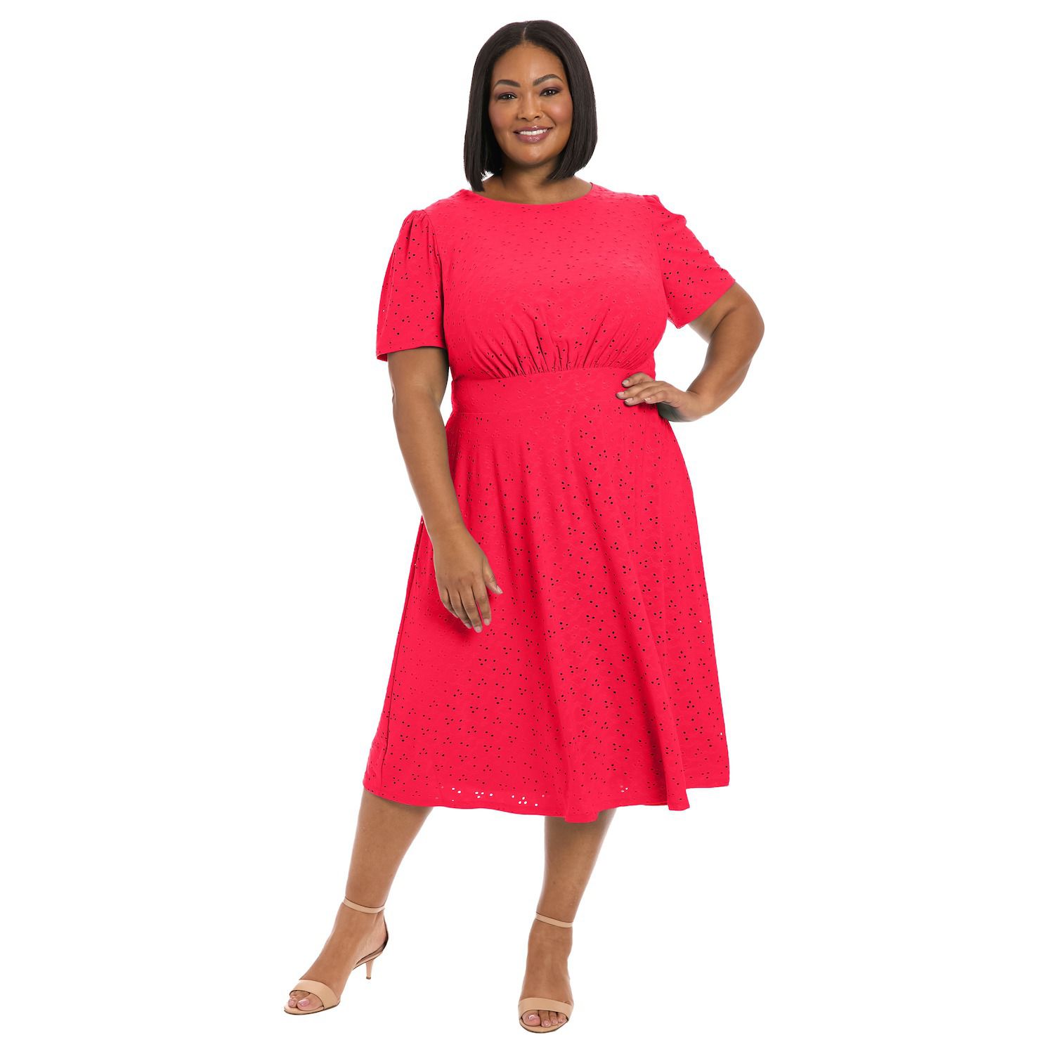 London Times Eyelet Short Sleeve Tulip Hem Midi Dress in Red