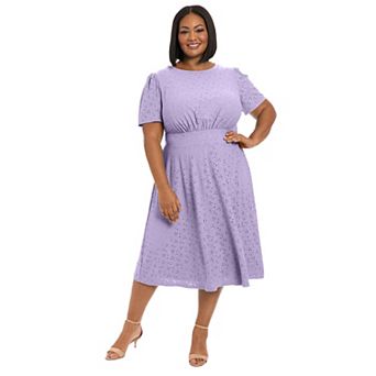 Plus Size London Times Short Sleeve Eyelet Inset Waist Midi