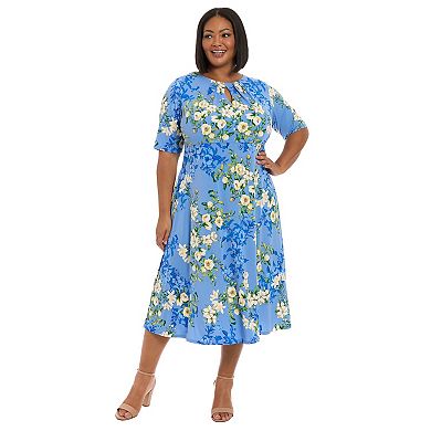 Plus Size London Times Short Sleeve Keyhole Midi Dress