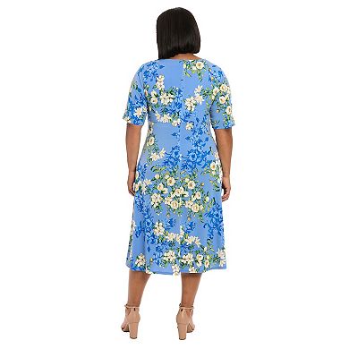Plus Size London Times Short Sleeve Keyhole Midi Dress