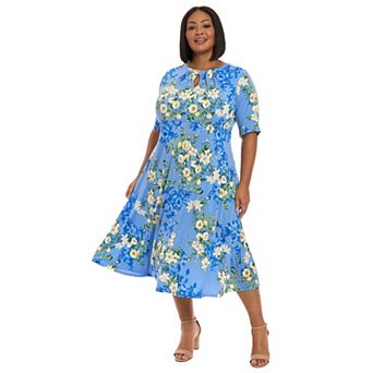 Plus Size London Times Short Sleeve Keyhole Midi Dress