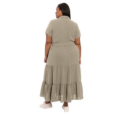 Plus Size London Times Button-Up Tiered Maxi Shirt-Dress