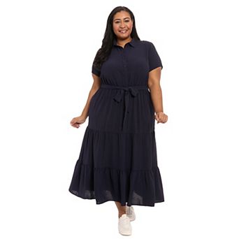 Plus Size London Times Button-Up Tiered Maxi Shirt-Dress