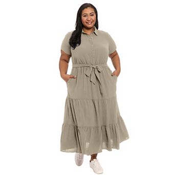 Plus Size London Times Button-Up Tiered Maxi Shirt-Dress