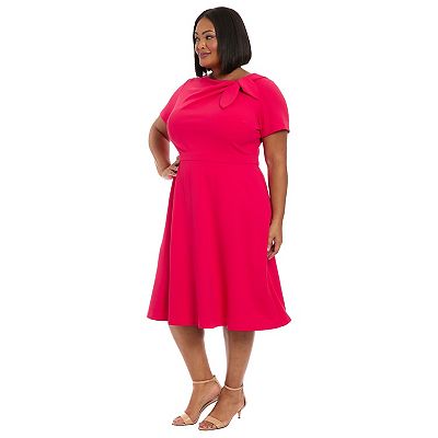 tie neck collared flare dress London Times Plus Size Tie-Neck Fit & Flare Dress - Red