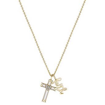 Gratitude & Grace 14k Gold Plated Mother of Pearl and Cubic Zirconia Cross "Faith" Pendant Necklace