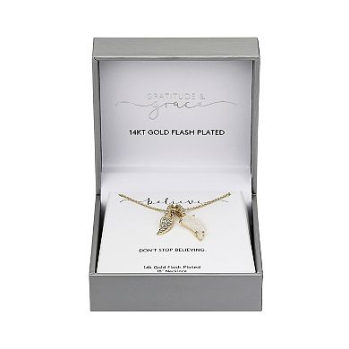 Gratitude and Grace 14k Gold Plated Mother of Pearl and Cubic Zirconia Double Wing Pendant Necklace