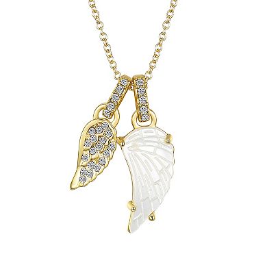 Gratitude and Grace 14k Gold Plated Mother of Pearl and Cubic Zirconia Double Wing Pendant Necklace