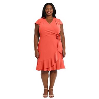 Plus Size London Times Rosette Wrap Cascade Ruffle Dress