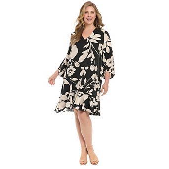 Plus Size London Times V-Neck Printed Shift Dress