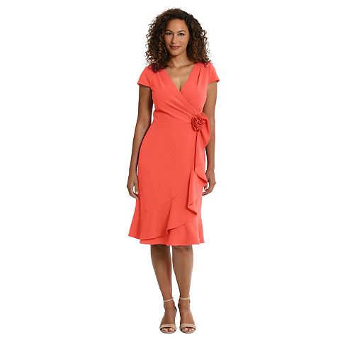 Женские платья London Petite London Times Surplice Neck Cap Sleeve Faux Wrap Cascade Ruffle Dress