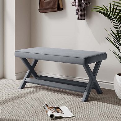MANHATTAN COMFORT Abigail Mid-Century Modern Velvet Upholstered Long Bench Ottoman