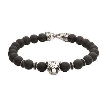 Men's DANTE Stainless Steel Onyx Beaded Leopard Head Bracelet